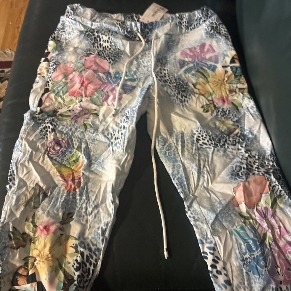 Gigi Moda One Size Pull On  Bermuda  Pants Flower Blue 100% Linen